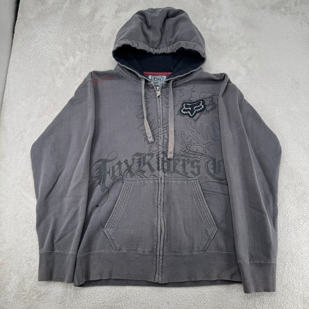 Fox Racing Men Full Zip Hoodie Large Gray Graphic Moto Preowned Waffle Lined